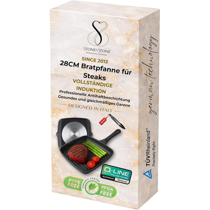 Stone&Stone Сковорода гриль індукційна 28 см квадратна з антипригарним покриттям та знімною ручкою, німецька кераміка, сталеве дно, для газових плит та духовки, без PFAS, PFOA та PTFE