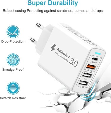 Мережевий зарядний пристрій USB-C 40W з 4 портами PD та QC3.0, для iPhone 15/14/13/12/11, Samsung S24/S23/S22