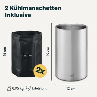 SILBERTHAL Wine Cooler Stainless Steel Double-Walled with 2 Cooling Packs - Active Cooling with Cooling Sleeves - Ideal for White Wine and Rosé