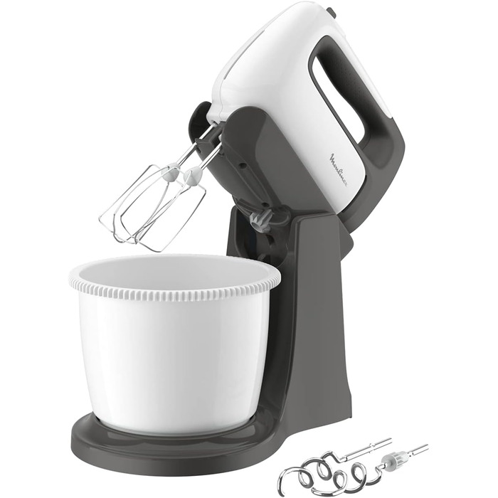 Moulinex HM4641 Prep'Mix+ electric hand mixer, with stainless steel whisk and dough hooks for stirring, whisking, and beating, self-rotating bowl with 2.5 l capacity, 5 speeds, and