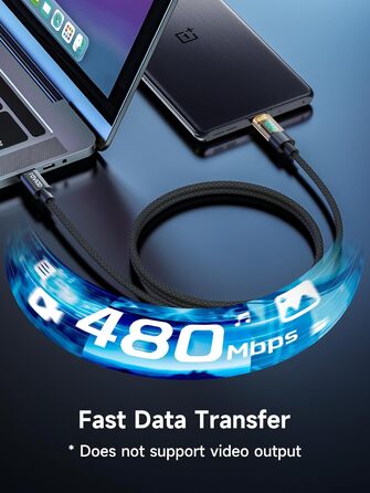 Кабель USB-C RAVIAD з підтримкою PD3.1: швидка зарядка, нейлон, 0.3м, 100W, чорний. Сумісний з iPhone, Galaxy, Pixel, iPad, MacBookAir