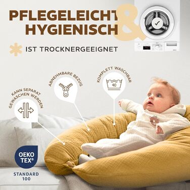 Подушка для годування sei Design XXL 190x30 з мусліновою наволочкою, ергономічна, для вагітних, для сну на боці, комфортна подушка для дорослих, наволочка з 100% бавовни [органічна бавовна] (Муслін Бернштайн, подушка для годування 190x30)