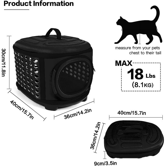 Складана переноска для кота, переноска для кота/маленьких собак, чорна, з м'яким матом