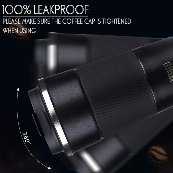 Термокружка HASAGEI з нержавіючої сталі 380 мл, чорна: термоізоляція, без витоку, для кави, чаю та води