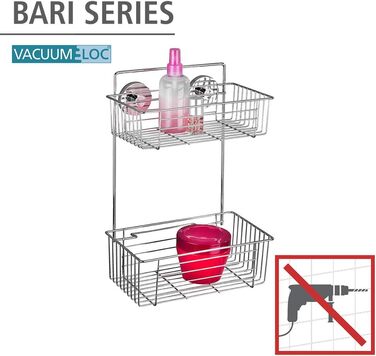 WENKO Vacuum-Loc 2-Tier Shelf, Bari, Wall Shelf for Bathroom and Kitchen, Drilling-Free Mounting with Vacuum, Chrome-Plated Metal, 26 x 38 x 17 cm