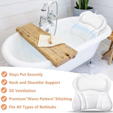 Подушка для ванни з підтримкою шиї та спини, 4D Air Mesh, 6 присосок, 43.5x43см (біла)