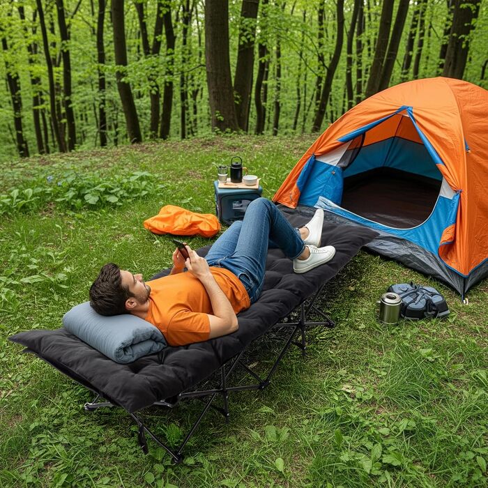 Ліжко похідне розкладне LEADZM з матрацом, 190x71x36 см, сталевий каркас, для кемпінгу, туризму та дому, чорне