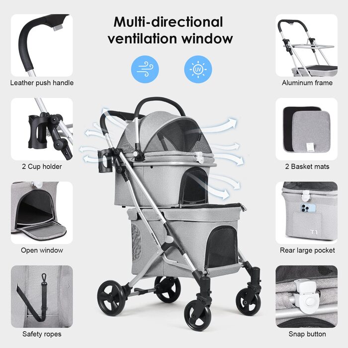 Beberoad Розкладний візок для собак та котів, 2-ярусний, чорний/сірий