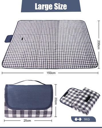 Плед для пікніка LIVEHITOP водонепроникний XXL (150x200 см) синій в клітку - для пляжу, кемпінгу, парку, BBQ
