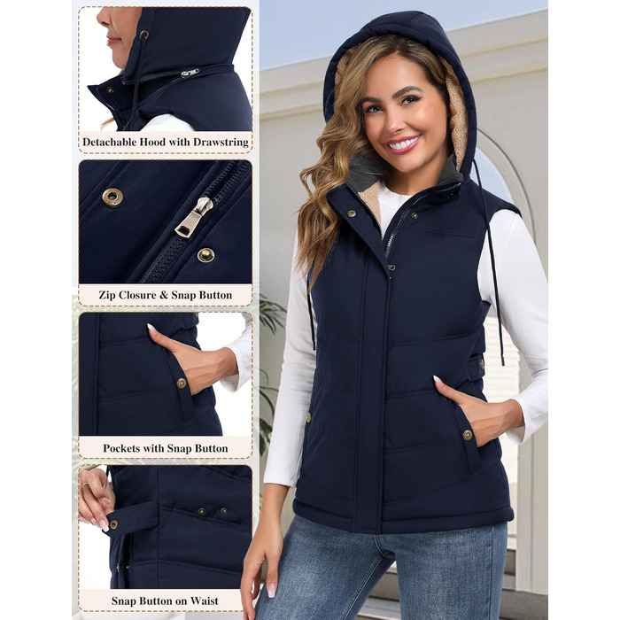 Жіноча степкова жилетка Tuopuda з капюшоном, флісова підкладка, тепла зимова куртка без рукавів, термо жилетка з коміром-стійкою, на блискавці, осінь/зима (темно-синій, XXL)