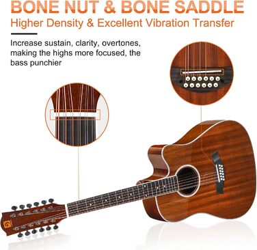 Електроакустична гітара Vangoa 12-струнна, 41 дюйм, коричнева, з підсилювачем та 4-х смуговим ЕQ