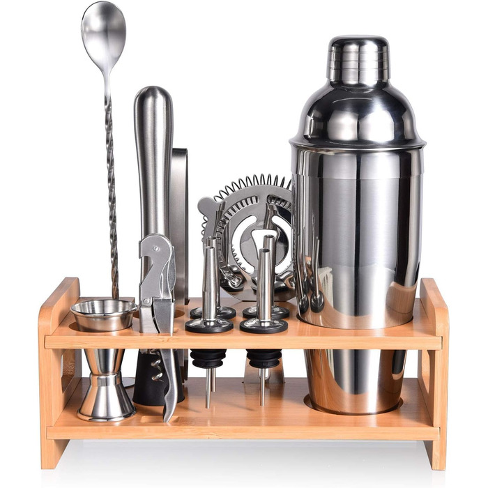 Набір шейкер для коктейлів Esmula 750 мл, 12 предметів, нержавіюча сталь, професійний барменський набір, стильний барний аксесуар для дому, з рецептами коктейлів (сріблястий)