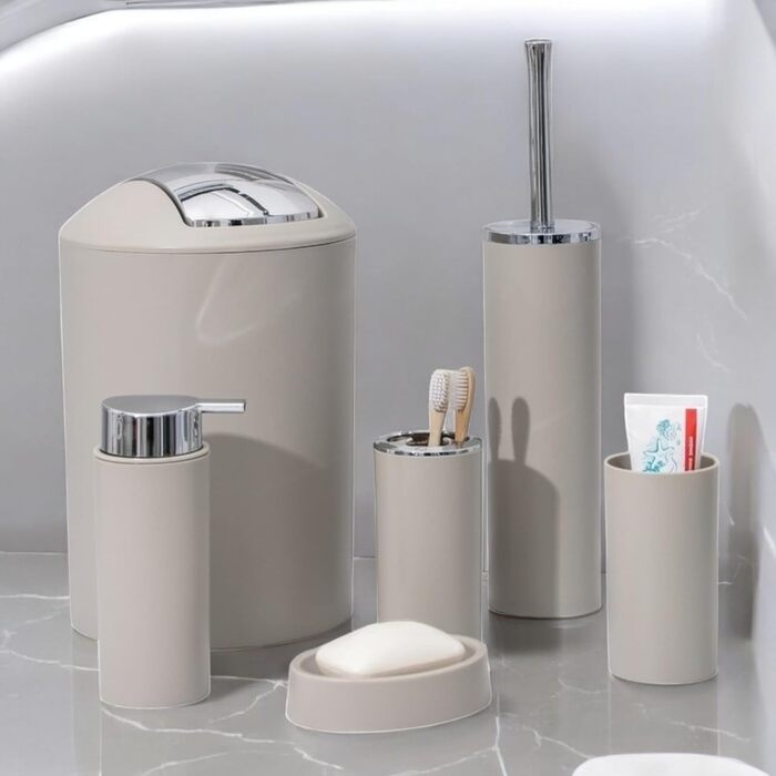 Набір аксесуарів для ванної кімнати 6tlg Badset: мильниця, стакан для зубних щіток, відро для косметики, щітка для унітазу з тримачем, мильниця, сміттєвий бак, тримач для зубних щіток, набір для ванної кімнати (бежевий дизайн 2a)