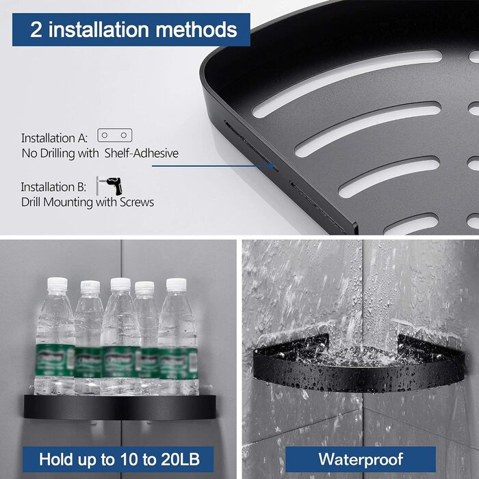 GERUIKE Shower Shelf No Drilling Shower Caddy Black Corner Shelf, Triangle Shower Basket, Bathroom Shelf Bathroom Rack, Shower for Bath Kitchen Toilet, Aluminum, 2 Pack