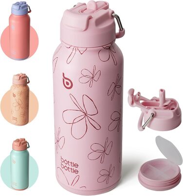 BOTTLE BOTTLE Stainless Steel Water Bottle 1L with Straw – Leak-Proof Insulated Bottle for Sports & Gym, with Pill Compartment, BPA-Free, Double-Walled (Pink Flowers)