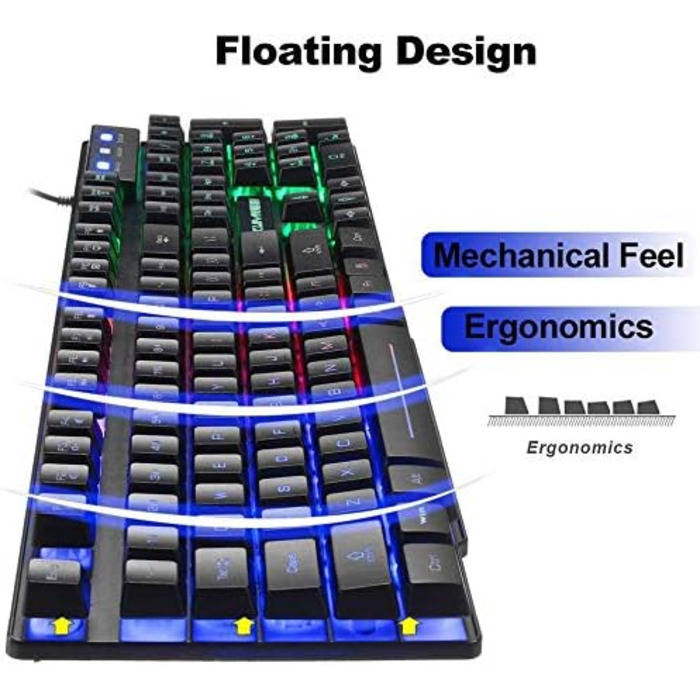 Ігровий набір клавіатури та миші UK-Layout 4-в-1 з підсвічуванням Rainbow, миша 2400 DPI, навушники, килимок для миші (K&M-Black)
