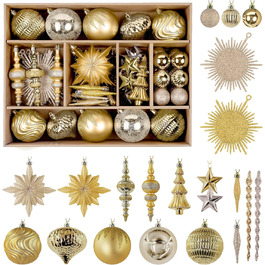Набір ялинкових прикрас Shareconn, 80 шт., 4–12,5 см, міцні золоті пластикові кулі для ялинки, різдвяний декор, з ниткою для підвішування, темно- та світло-золоті кольори