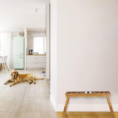 Підставка для корму для собак середніх порід Relaxdays, регульована висота, складна, 2 миски, 26x47x23 см, натуральне дерево