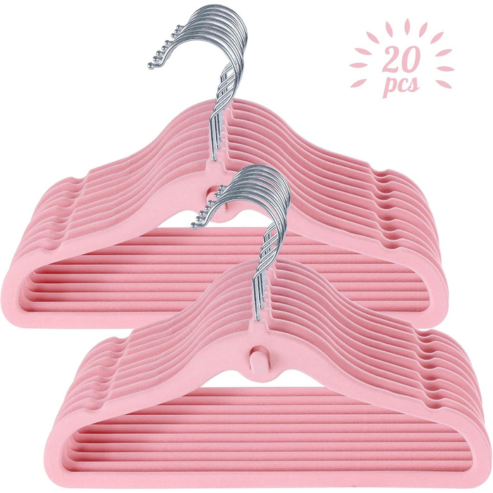 Набір велюрових дитячих вішалок 28 шт: 20 вішалок для одягу та 8 роздільників для дитячої шафи, з додатковим гачком, неслизькі, економія місця, рожеві