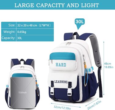 Шкільний рюкзак для дівчаток та хлопчиків-підлітків. Багато кишень, водонепроникний, великий, біло-блакитний. Ідеальний для школи та повсякденного використання.