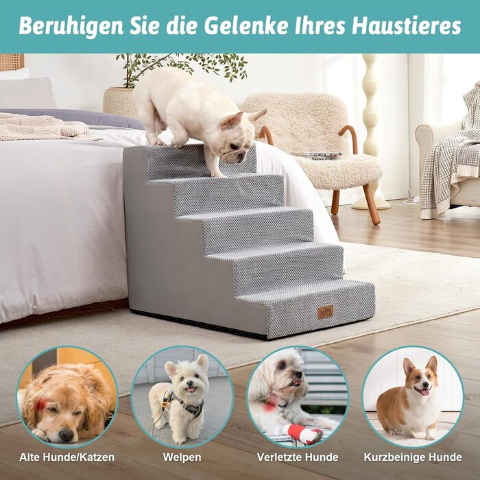 COZY KISS Dog Stairs for Small Dogs, 5 Steps Wide Pet Stairs for Bed Couch Car, 60cm High High-Density Foam Cat Stairs with Removable Cover (Gray, 75x50x60cm, 5)