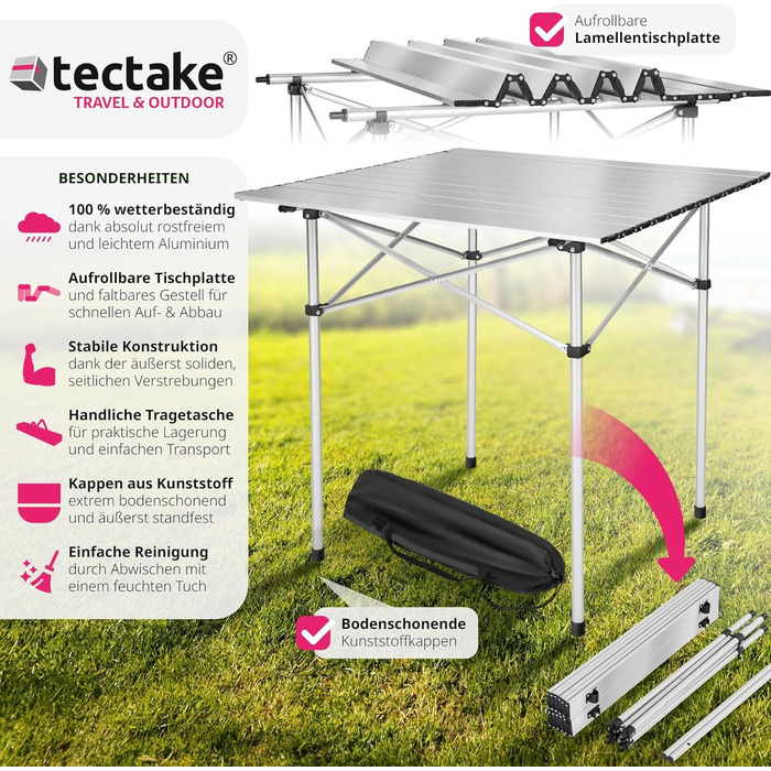 Складний алюмінієвий стіл Tectake для кемпінгу, саду та тераси 70x70x70 см (Модель 401169)