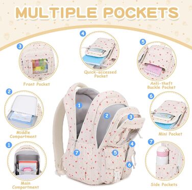 Дитячий рюкзак для дівчаток - шкільний рюкзак для учнів середньої школи - рюкзак для початкової школи (Бежевий, Полуниця)