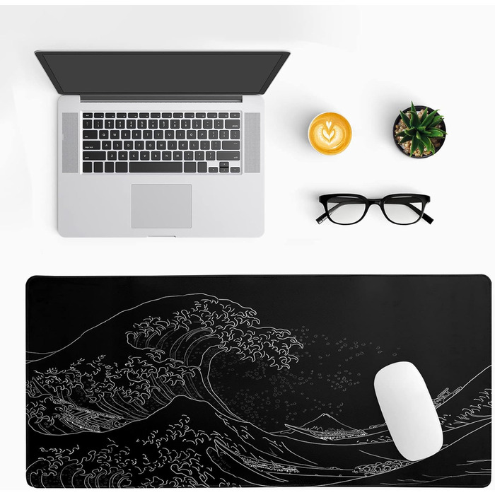 Килимок для миші з морізькою хвилею Японії, великий ігровий килимок, подовжений килимок для столу Канагава, товщина 3 мм, антиковзаюча гумова основа, 80 x 30 см. Чорна хвиля Канагави