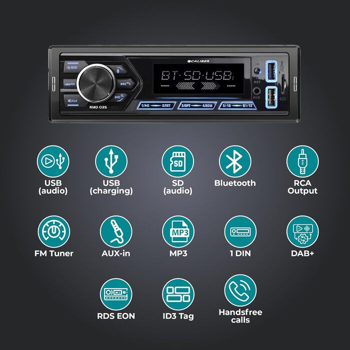 Автомагнітола Caliber 1DIN Bluetooth, DAB+/FM, 4x55Вт, USB/Micro SD, зарядка 2.1A, AUX, гучний зв'язок, RCA вихід, DAB+ антена, підтримка MP3/WMA/APE/FLAC/AAC