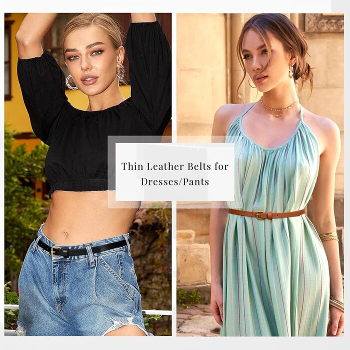 LEACOOLKEY: 4 жіночі шкіряні тонкі ремені. Тонкий пояс для суконь, джинсів, штанів. З золотою пряжкою. (100см, 110см). Кольори: чорний, коричневий, темно-синій, бежевий.