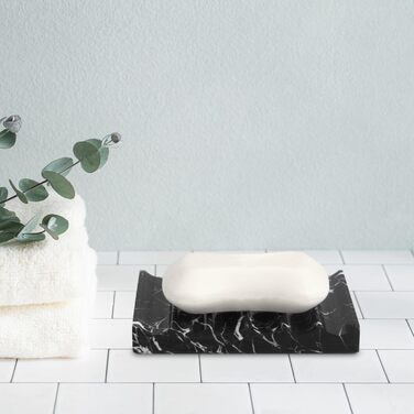 Скляна миска для мила з отвором, мармур, прямокутна, хвиляста, самостійно спорожняється, для ванної кімнати, кухні (чорний/білий)