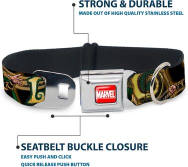 Нашийник для собак Marvel Loki Universe Buckle-down, чорний/золотий/зелений, 22,9–38,1 см (9-15 дюймів), ширина 2,5 см