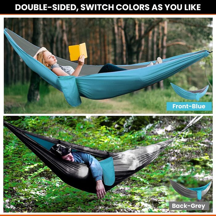 Гамак Overmont двошаровий, сертифікований TÜV, 400 кг, 280 x 185 см, нейлон, для кемпінгу та відпочинку на природі (блакитний, світло-сірий)