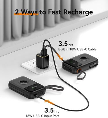 Power Bank Kuulaa для Apple Watch 10000mAh з LCD-дисплеєм та двома кабелями, 22.5W PD, сумісний з iPhone, iPad, Apple Watch 10/9/8/Ultra2/Ultra/SE