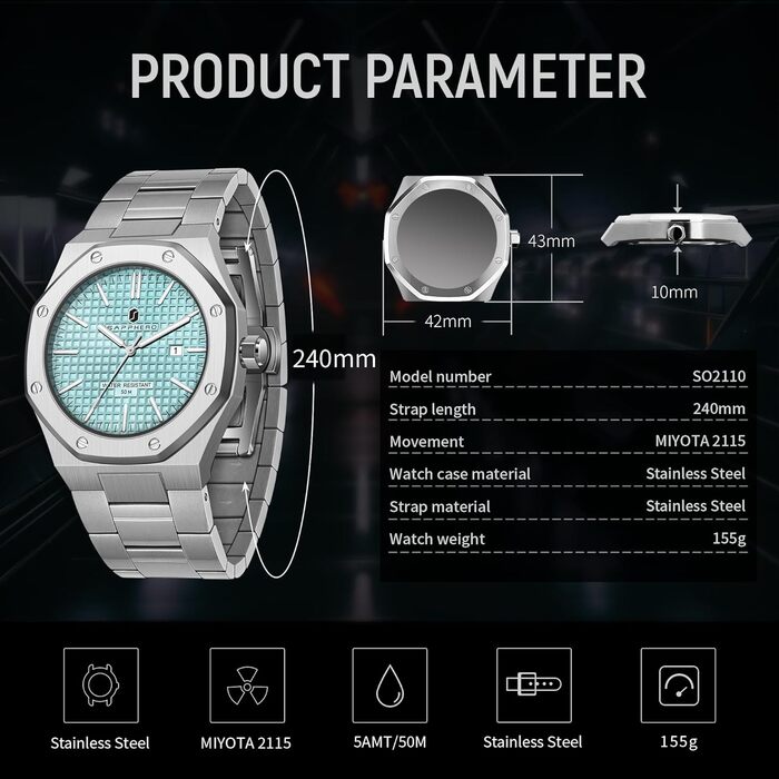 Годинник SAPPHERO для чоловіків: водостійкий годинник з нержавіючої сталі, кварцовий механізм, дата, срібний колір, бізнес-стиль