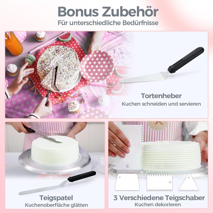 Ohuhu Поворотна платформа для тортів, 30 см, з лопатками та скребками, рожева | Для декорування та випікання