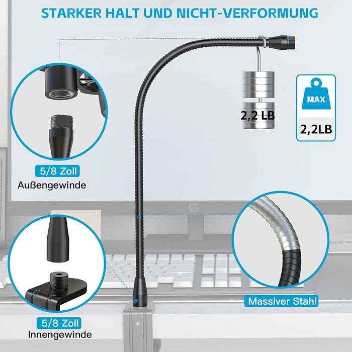 Кріплення для мікрофону Zealsound – регульований штатив-«лебідь» з кріпленням, адаптер 3/8' на 5/8', міцна клямка для столу, сумісний з Blue Snowball, Ice, Spark, SoloCast, 33 см (T19-19 см, лише кріплення)