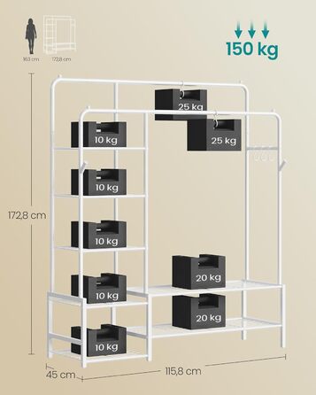 SONGMICS Стійка для одягу, відкрита шафа, вішалка для одягу з 7 полицями, металевий каркас, перекладина для одягу, для спальні, вітальні, передпокою, HSR182B01 (Білий, 115,8B см)