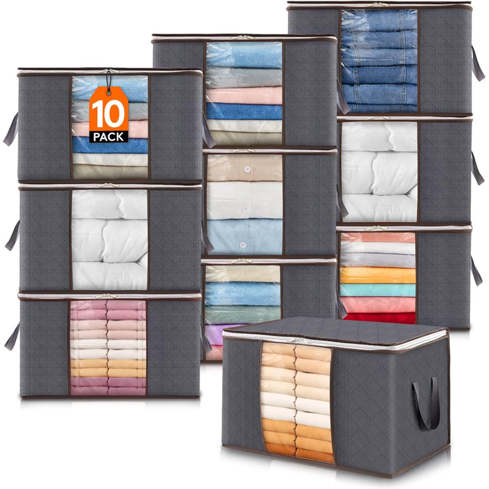 Органайзер для зберігання постільної білизни Lifewit, коробка для одягу, складні ящики для переїзду з прозорим вікном, сірий (10 шт, 60л)