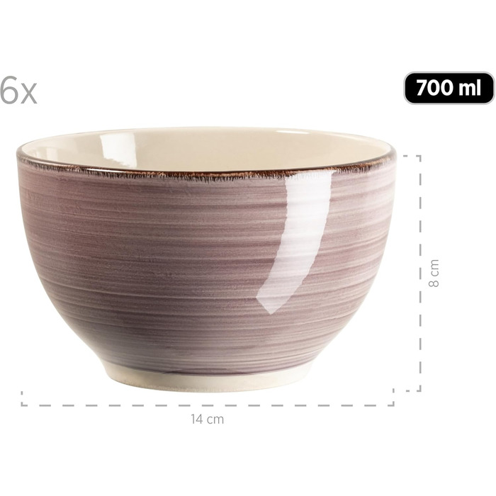 MÄSER Bel Tempo II Набір посуду для сніданку на 6 осіб, вінтажний стиль, ручне розмальовування, 18 предметів, кераміка, сірий (фіолетовий)