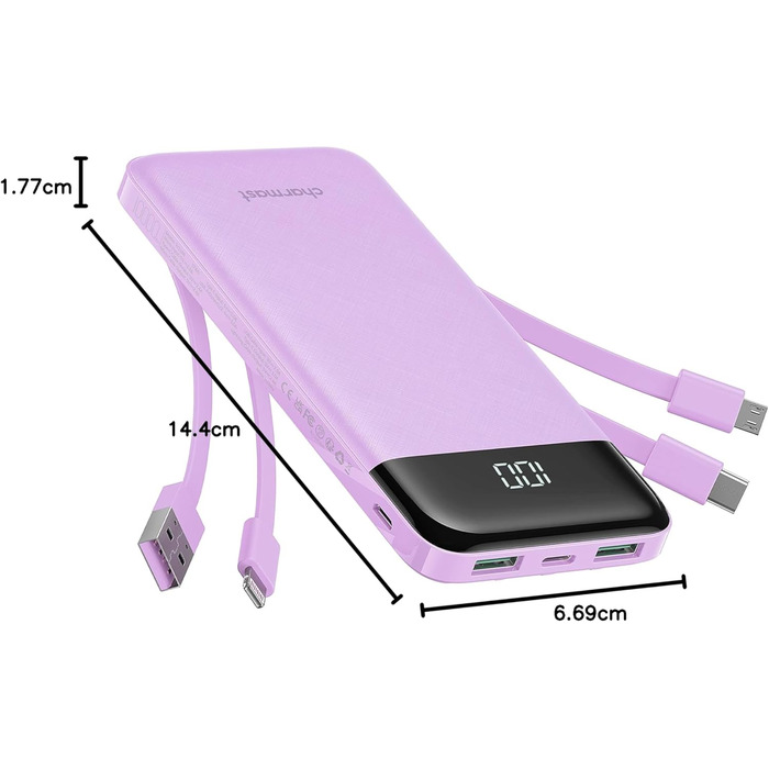 Charmast Power Bank 10000mAh з 4 кабелями (USB-C, Lightning, Micro USB) – портативний акумулятор для iPhone, Samsung, iPad, AirPods (Фіолетовий)
