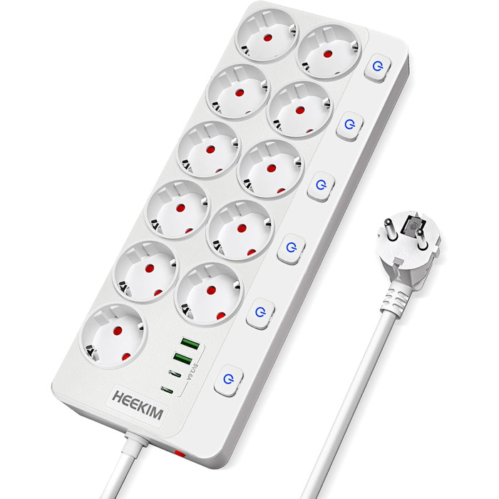 Многорозетка HEEKIM з USB, 11 розеток (2 USB-A, 2 USB-C), 4000W, 16A, з індивідуальним вимикачем, 2м кабель, для дому, школи, офісу