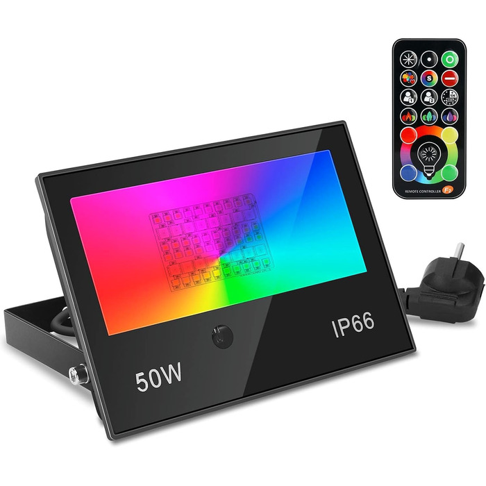 LED Floodlights, RGB LED Floodlights Outdoor 50W Spotlight with Remote Control, LED Outdoor Lights IP66 Waterproof, 120 Colors, Timer, Dimmable, Custom Modes, LED Floodlight Spotlight Wall Light