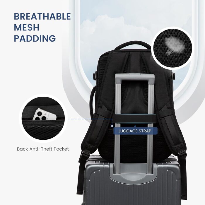 LOVEVOOK Рюкзак для ручної поклажі, дорожній рюкзак чоловічий/жіночий, 40л, з відділенням для ноутбука, чорний (45 x 32 x 20 см)