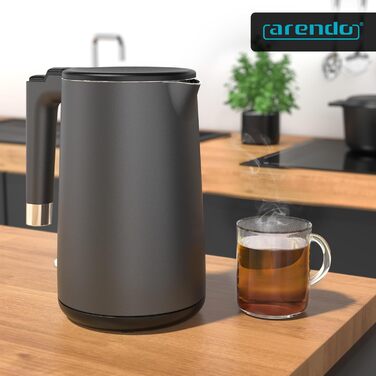Електричний чайник Arendo з нержавіючої сталі 1.5 л, 2200 Вт, подвійні стінки, 360°, без BPA, захист від перегріву та сухого кипіння, чорний матовий сірий, 1.5 л