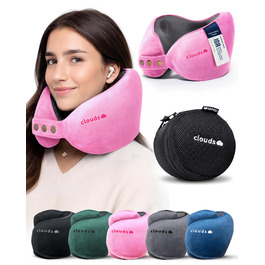 Подушка для шиї CLOUDS для подорожей: авто, літак. Memory Foam, регульована, 2 розміри (S/M), дихаючий чохол, рожевий.