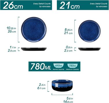 Vancasso Starry Blue 24-Piece Stoneware Dinnerware Set for 6 - Complete Tableware Set with Plates, Bowls & Serving Dishes