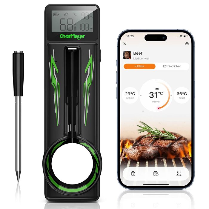Бездротовий термометр для м'яса з Bluetooth 5.1, 100 м, додаток з рецептами, LED дисплей, для приготування їжі, духовки, BBQ, гриля