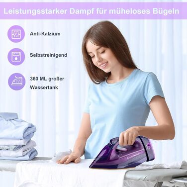 Пароочищувач бездротовий 2400W з керамічною підошвою, функцією вертикального прасування, антикальк, самоочищення та резервуаром для води (фіолетовий)