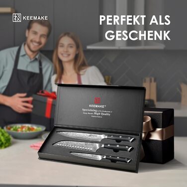 KEEMAKE Кухонний ніж кухарський 20см з дамаської сталі 67 шарів з ручкою G10, ідеальний подарунок на День батька (набір ножів Damast 3 шт)